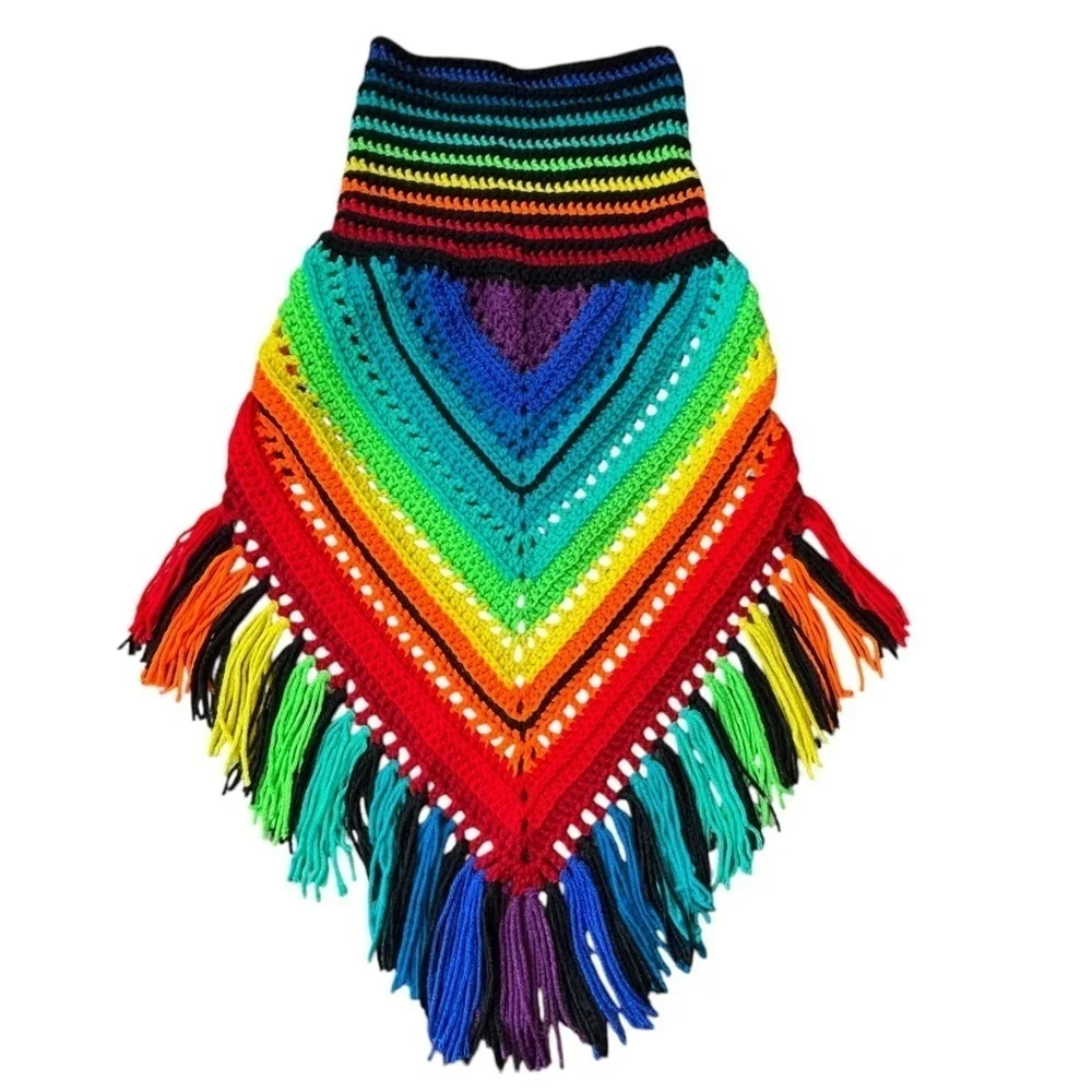 Handcrafted Crochet Cowl Neck Scarf With Fringe Rainbow Colors New Handmade Knit